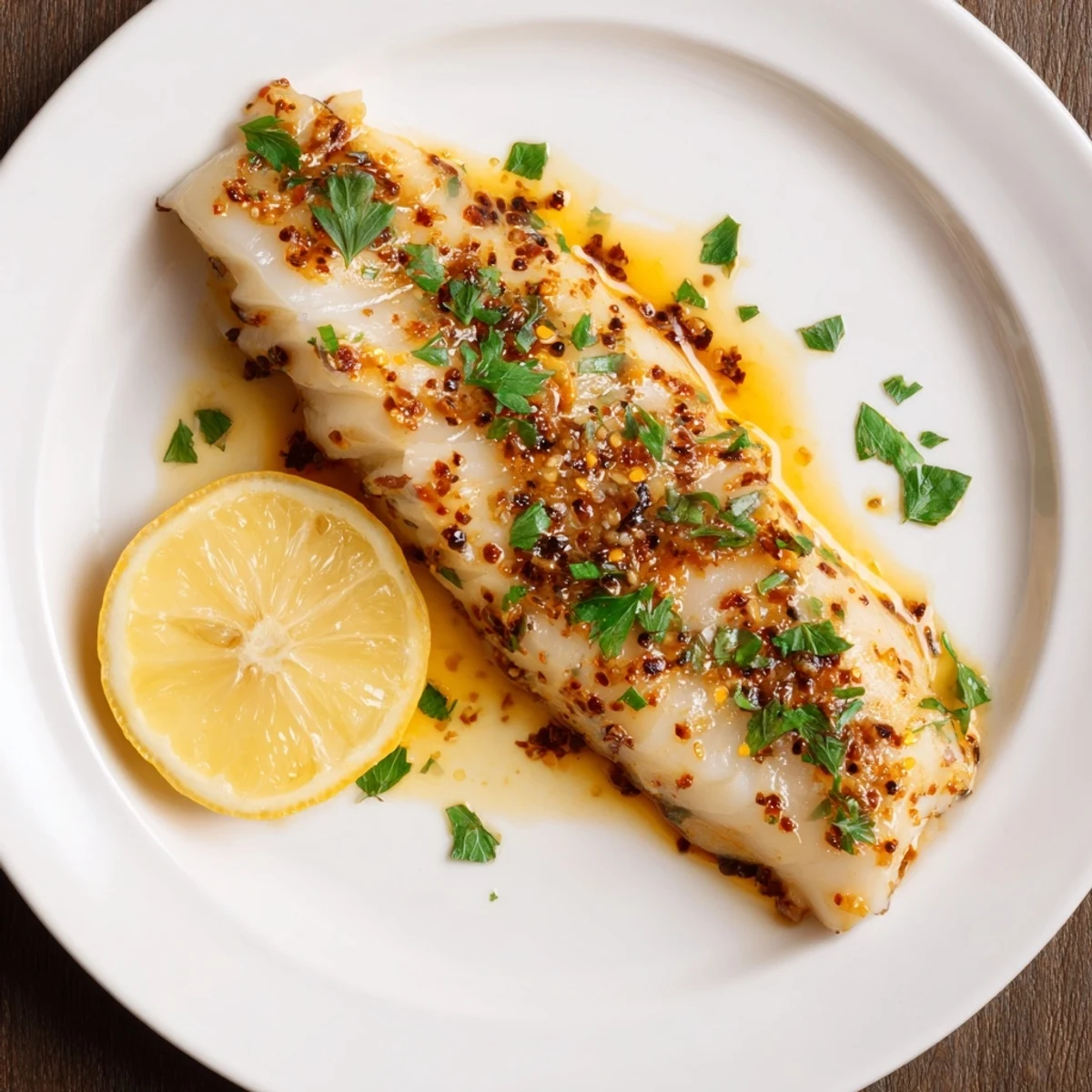 Golden-brown Baked Cod Loin, flaky and ready to serve, garnished with fresh parsley and lemon wedges.