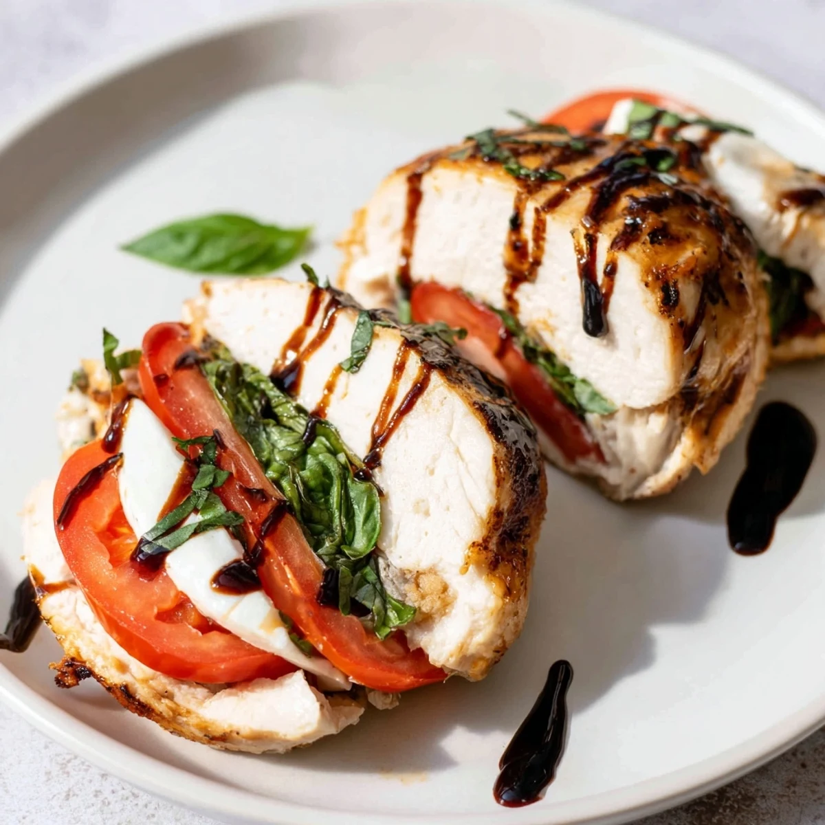 Golden-baked Caprese stuffed chicken breast, drizzled with balsamic glaze, ready for a delicious meal.