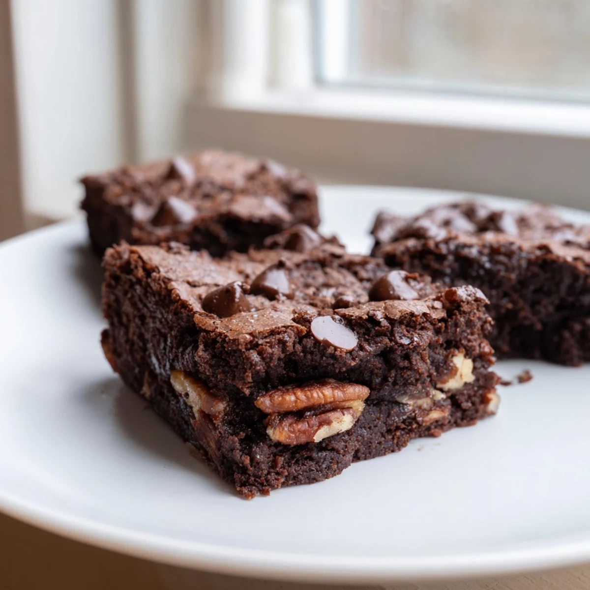 Warm Gluten-Free Almond Flour Brownies, a rich, fudgy dessert dusted with chocolate chips, ready to eat.