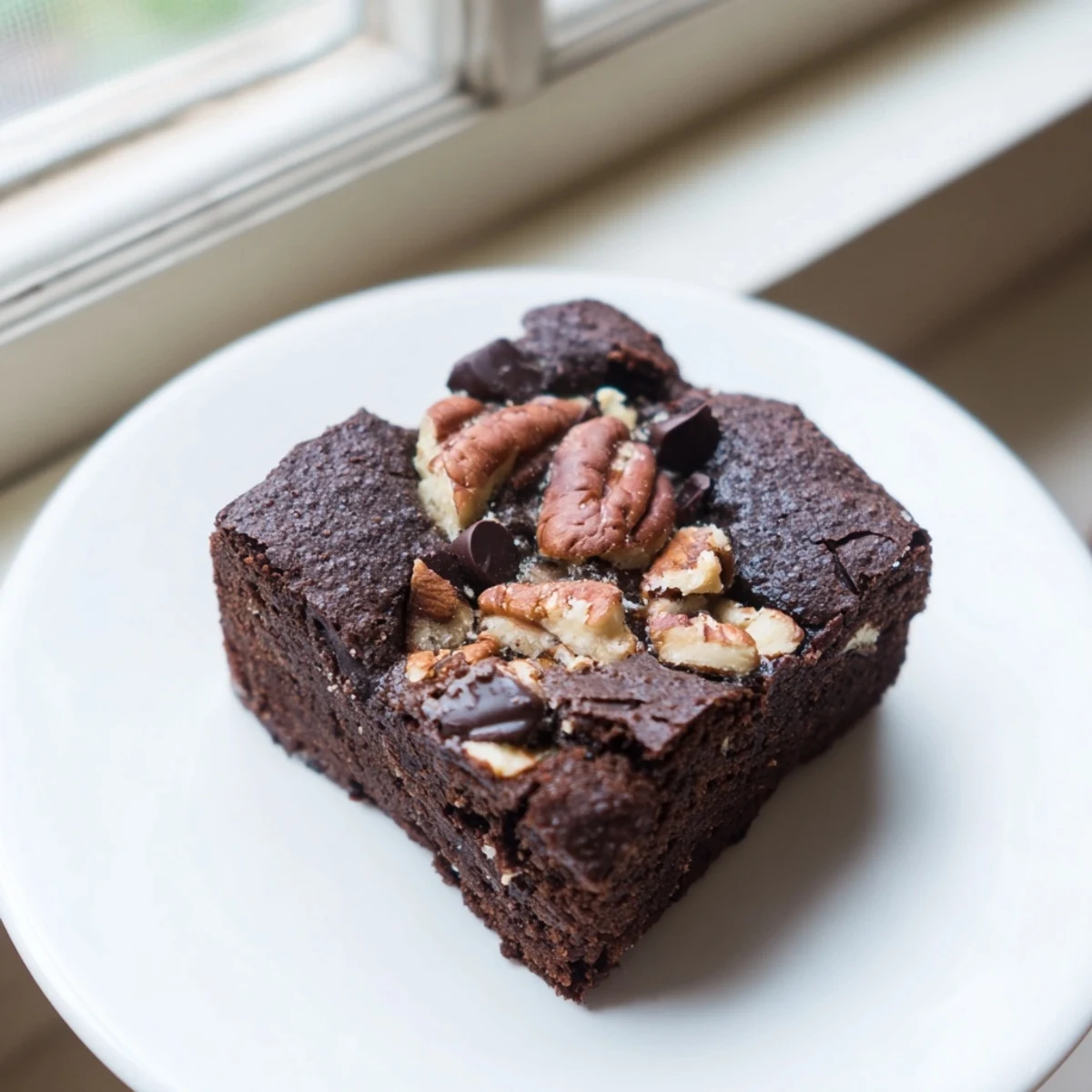 A plate of Gluten-Free Almond Flour Brownies, glistening with moisture, a delicious, naturally gluten-free treat.