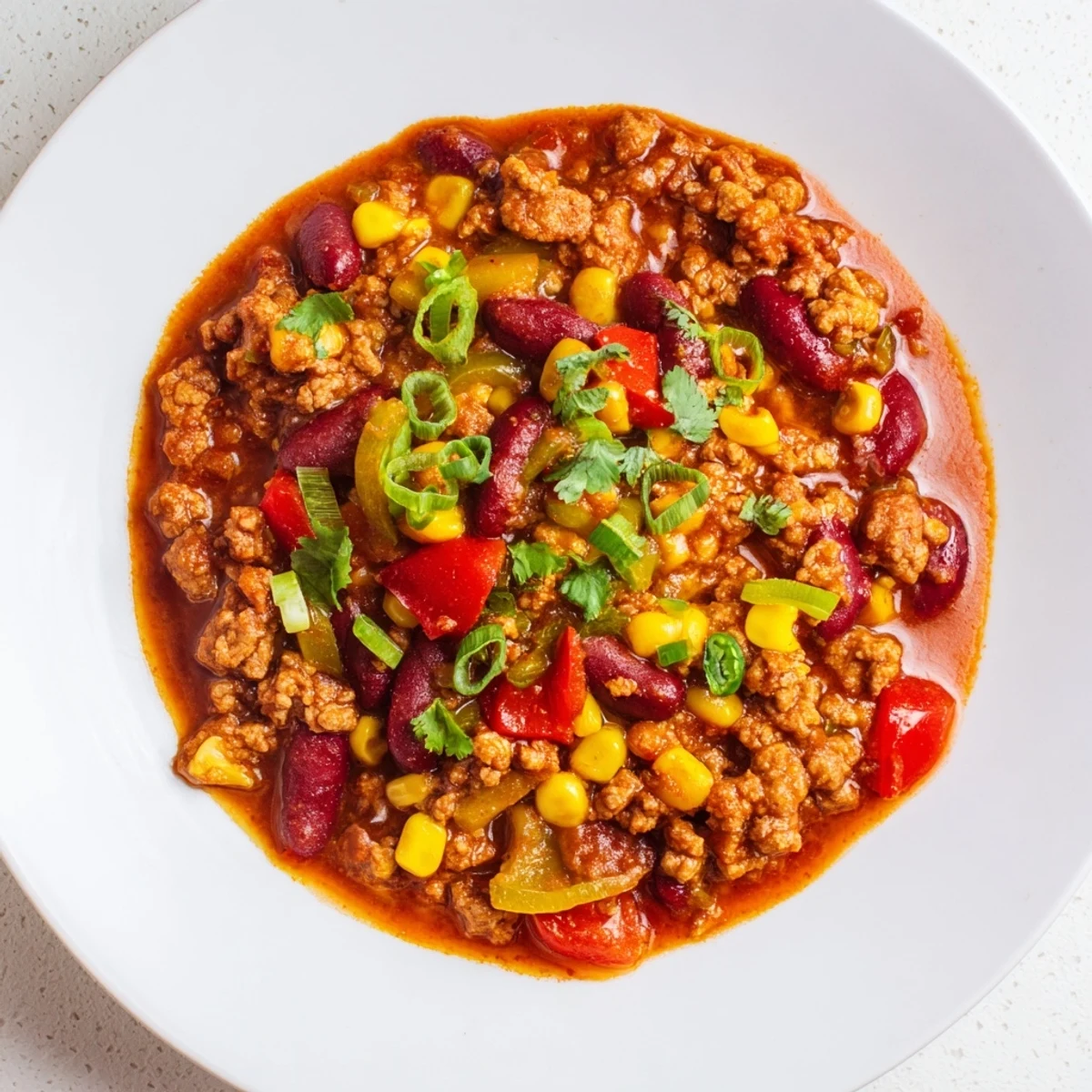 A close-up of a generous spoonful of flavorful turkey chili packed with beans.