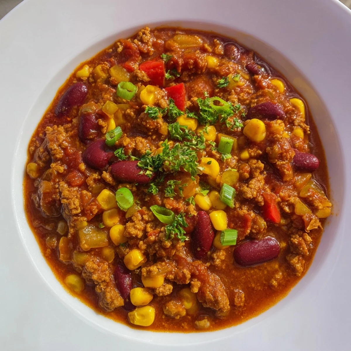 Steaming bowl of turkey chili with kidney beans and vibrant corn, ready to eat.