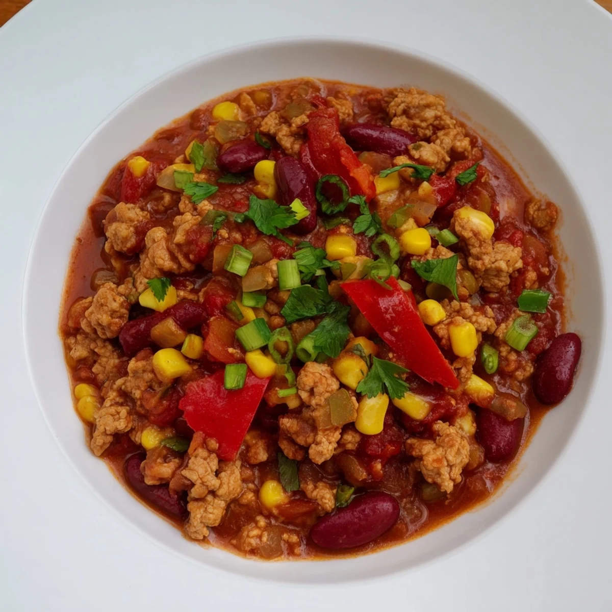 A hearty, bubbling pot of homemade turkey chili, perfect for a cozy weeknight meal.