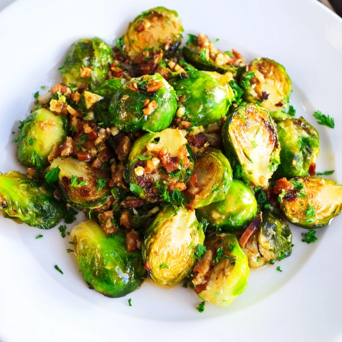 Golden-brown Roasted Brussels Sprouts with turkey bacon, a flavorful, crispy side dish, ready to serve hot.