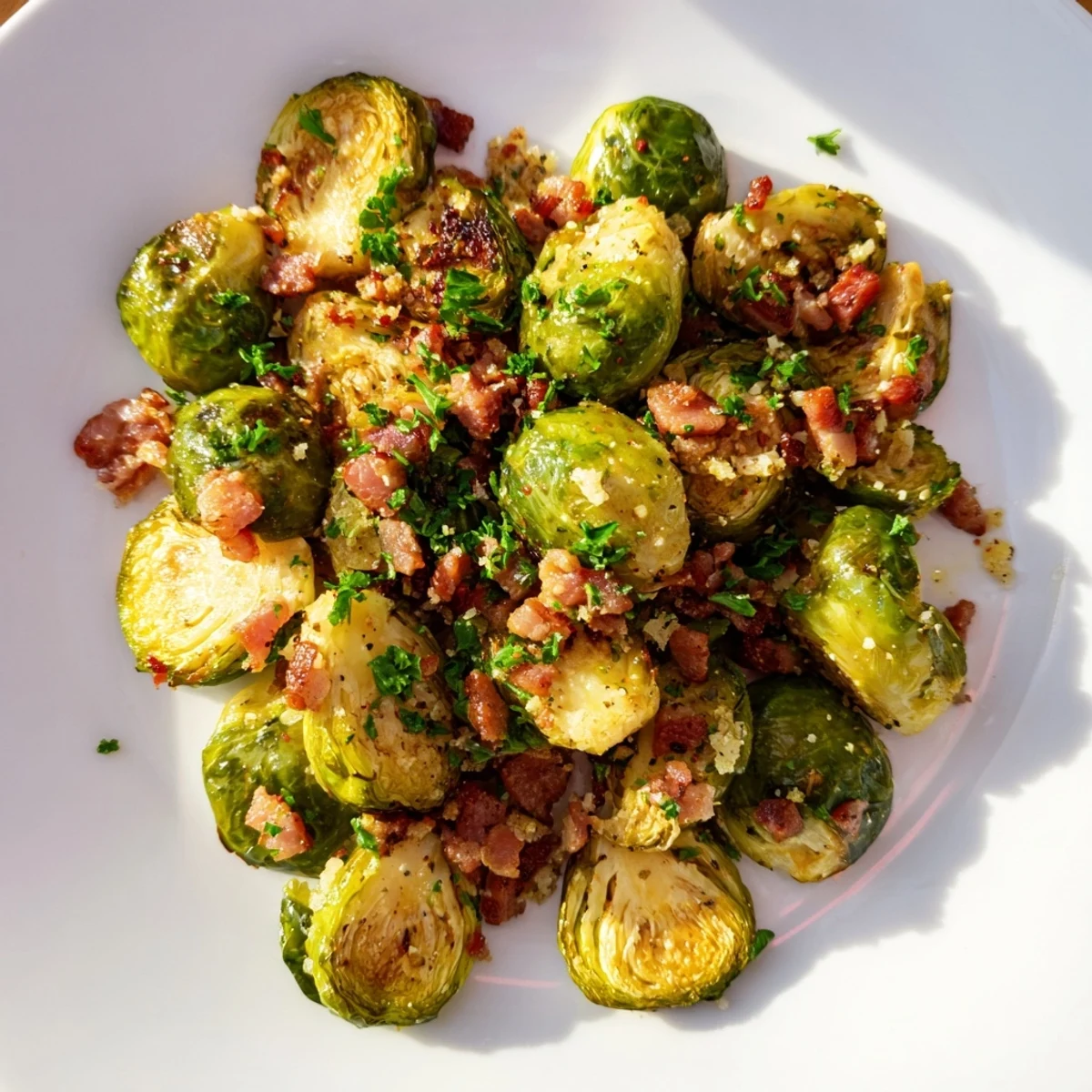 Savory Roasted Brussels Sprouts and turkey bacon, roasted to perfection, drizzled with lemon juice for a bright taste.