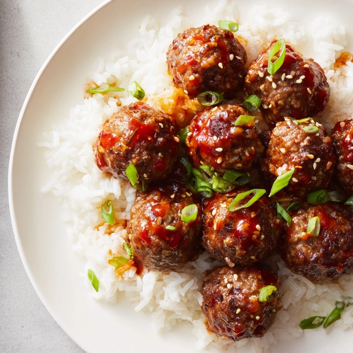 A close-up of steaming Spicy Sriracha Beef Meatballs, showcasing the flavorful sauce and fresh green onions.