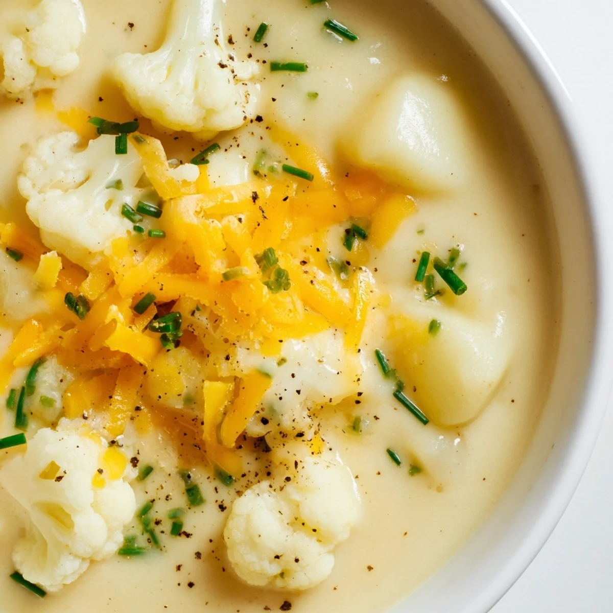 Creamy Cauliflower Chowder with Cheddar, a warm bowl of soup topped with fresh green chives.