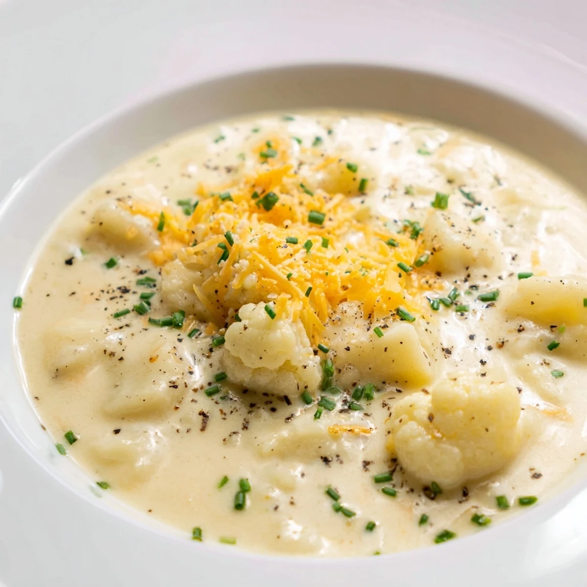 Thick and velvety Creamy Cauliflower Chowder with Cheddar, perfect for a cozy, comforting, vegetarian meal.