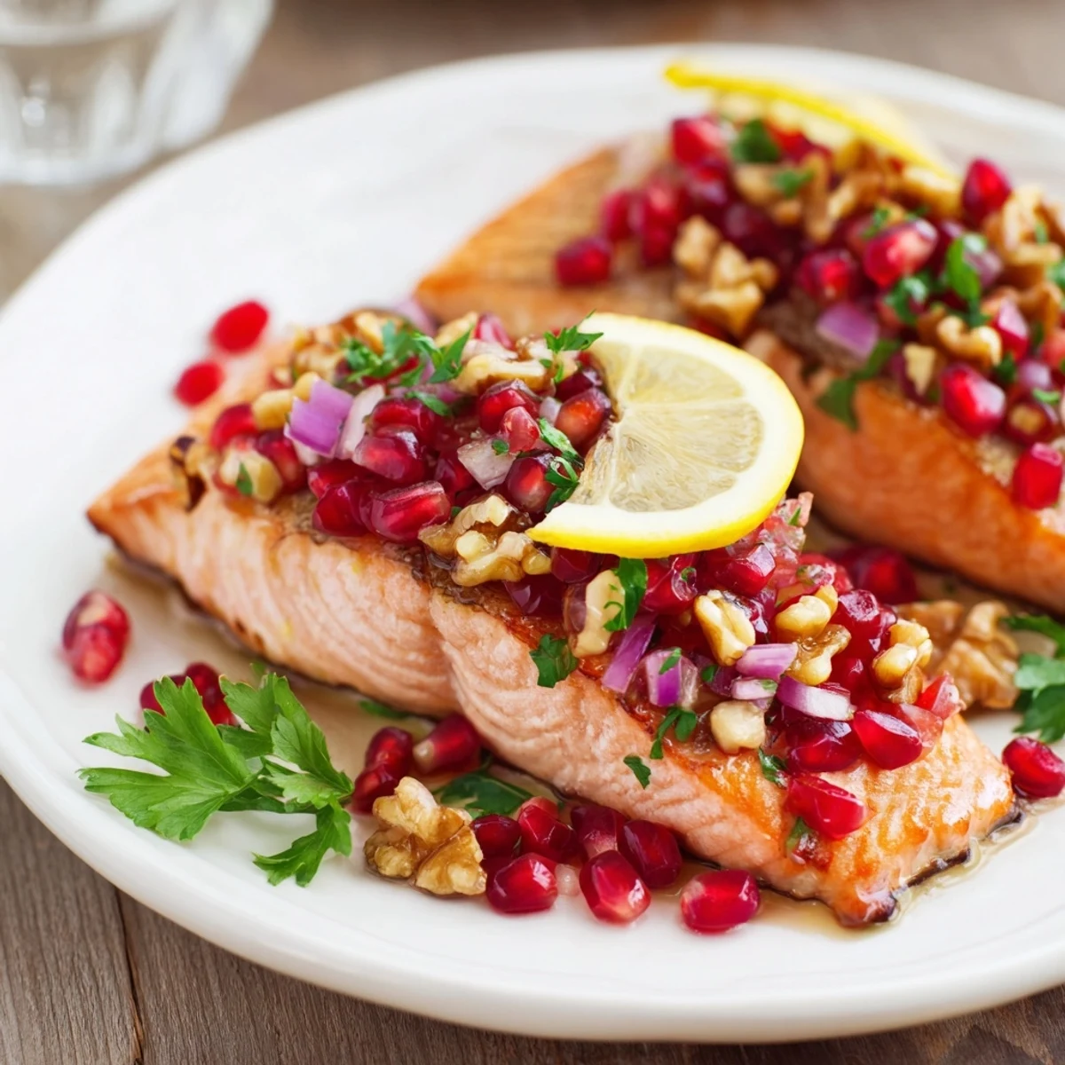 A healthy serving of baked salmon with pomegranate walnut salsa, ready to enjoy immediately.