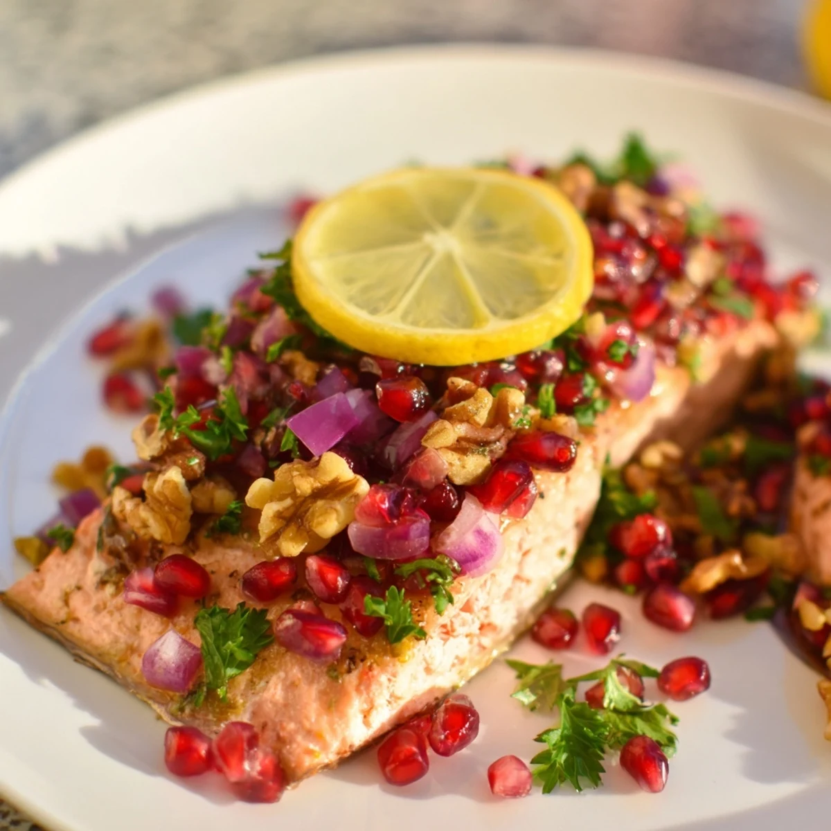 Close-up shot shows tender baked salmon topped with fresh pomegranate walnut salsa for dinner.