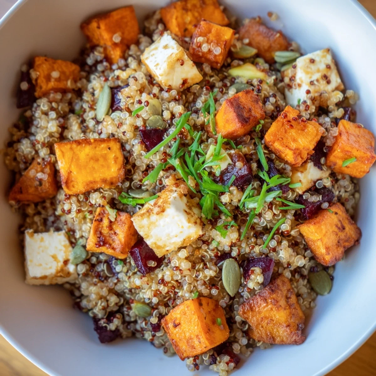 Enjoy fluffy quinoa and caramelized vegetables in this colorful warm quinoa salad creation.
