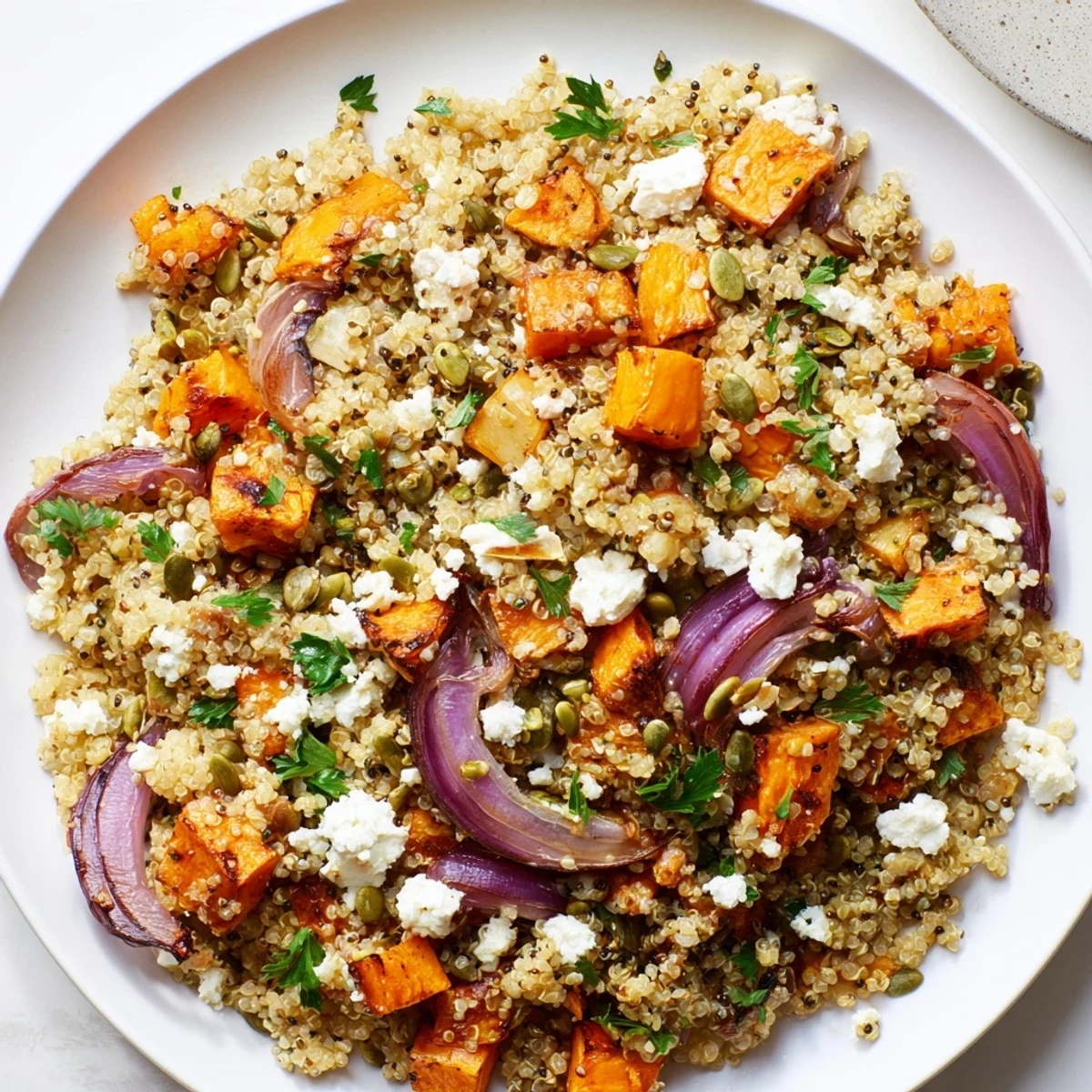 Steaming quinoa salad with roasted root vegetables, a warm, healthy dish bursting with flavors.
