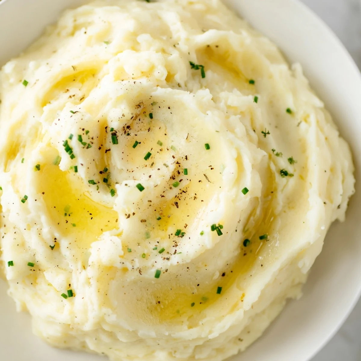 A close-up of creamy mashed potatoes, showing a smooth, cloud-like texture and rich color.