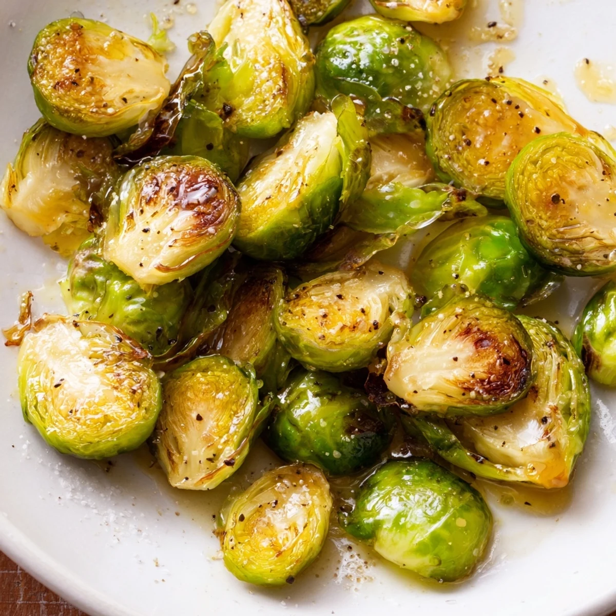 Golden, crispy Roasted Brussels Sprouts glistening with honey, ready for a delicious, savory side.