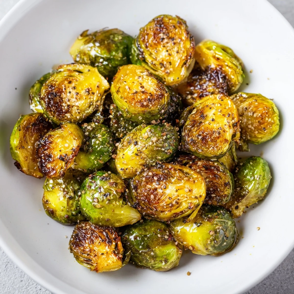 Close-up of golden-brown Roasted Brussels Sprouts; perfectly roasted, drizzled with sweet honey.