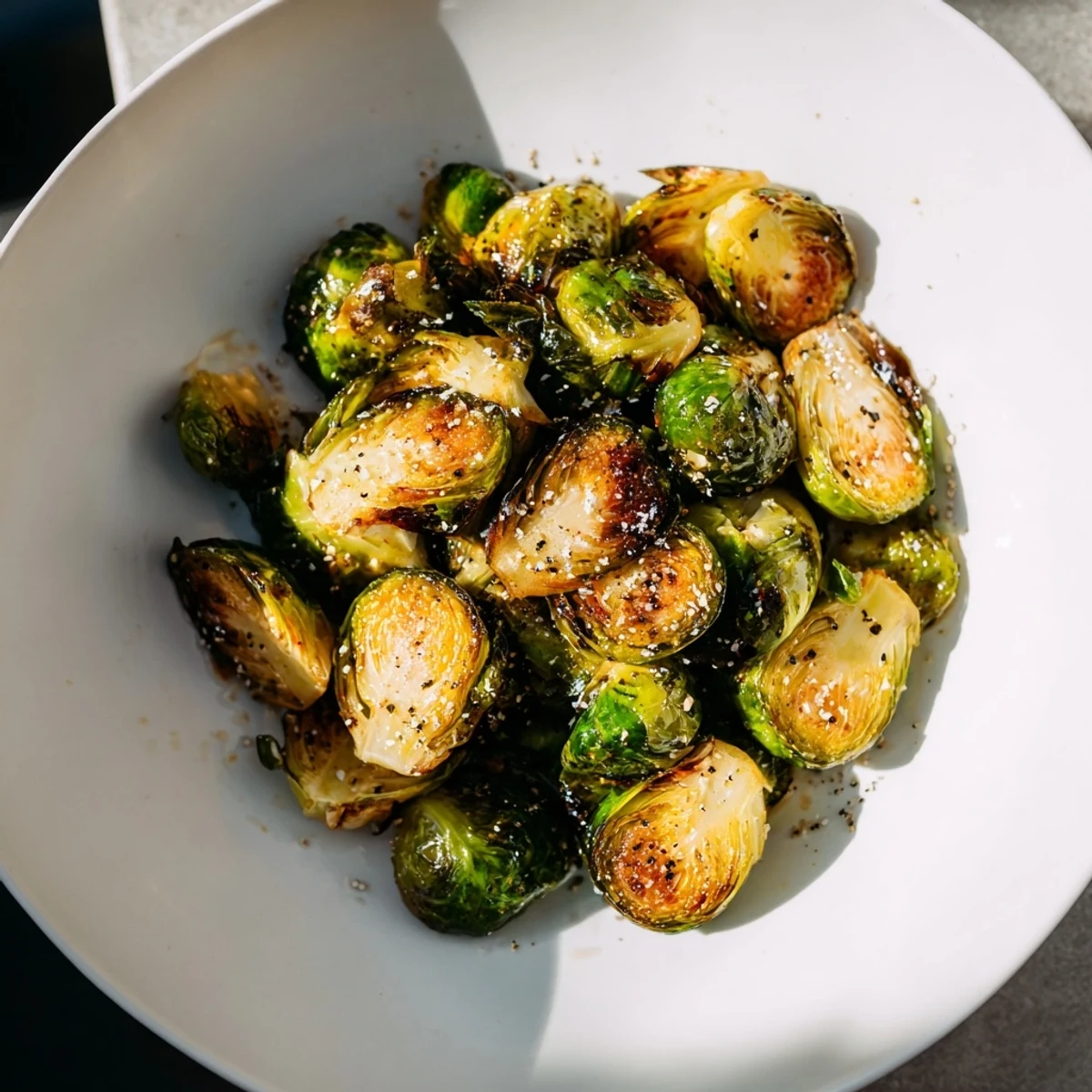 Warm, aromatic photo: Caramelized Roasted Brussels Sprouts, tossed with honey and ready to eat.