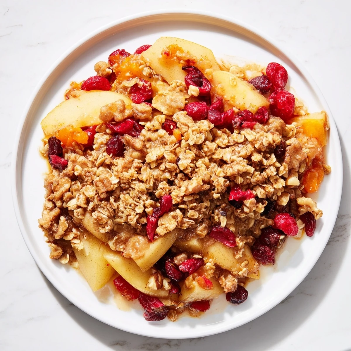 Warm Winter Fruit Crisp, served with creamy vanilla ice cream, perfect for a cozy dessert night.