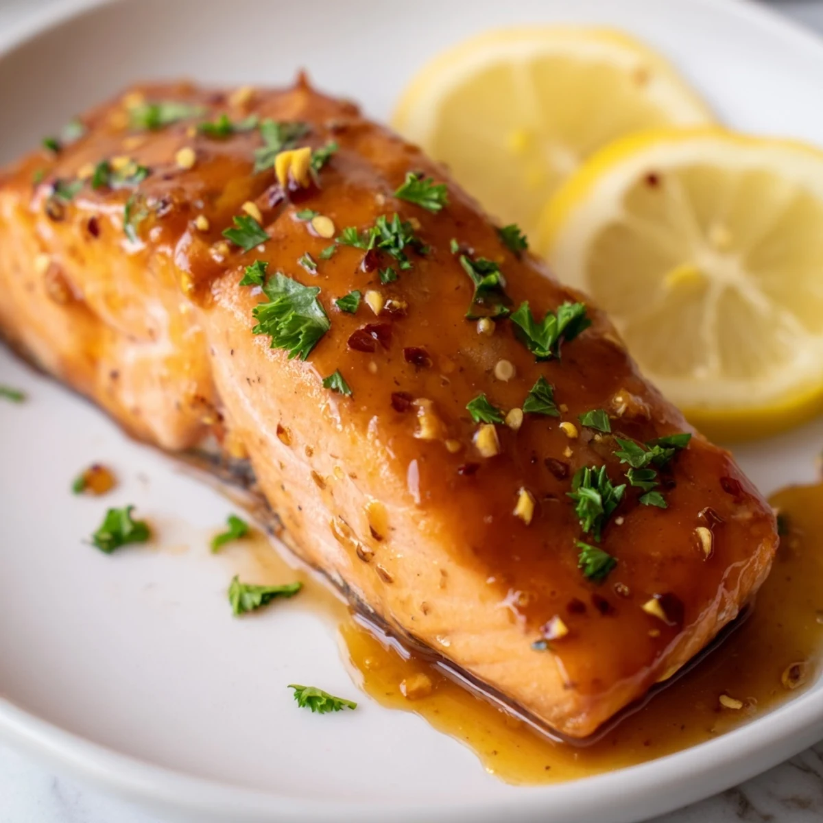 Golden-glazed Baked Salmon with Maple Glaze, served with fresh parsley and a lemon wedge.
