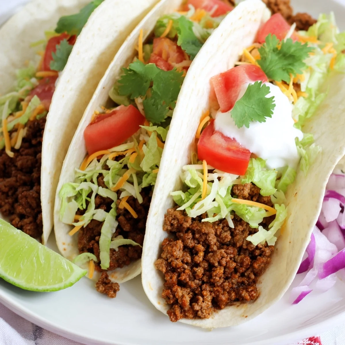 Image shows a plate of colorful beef tacos, with visible lettuce, tomatoes, cheese, and sour cream as toppings.