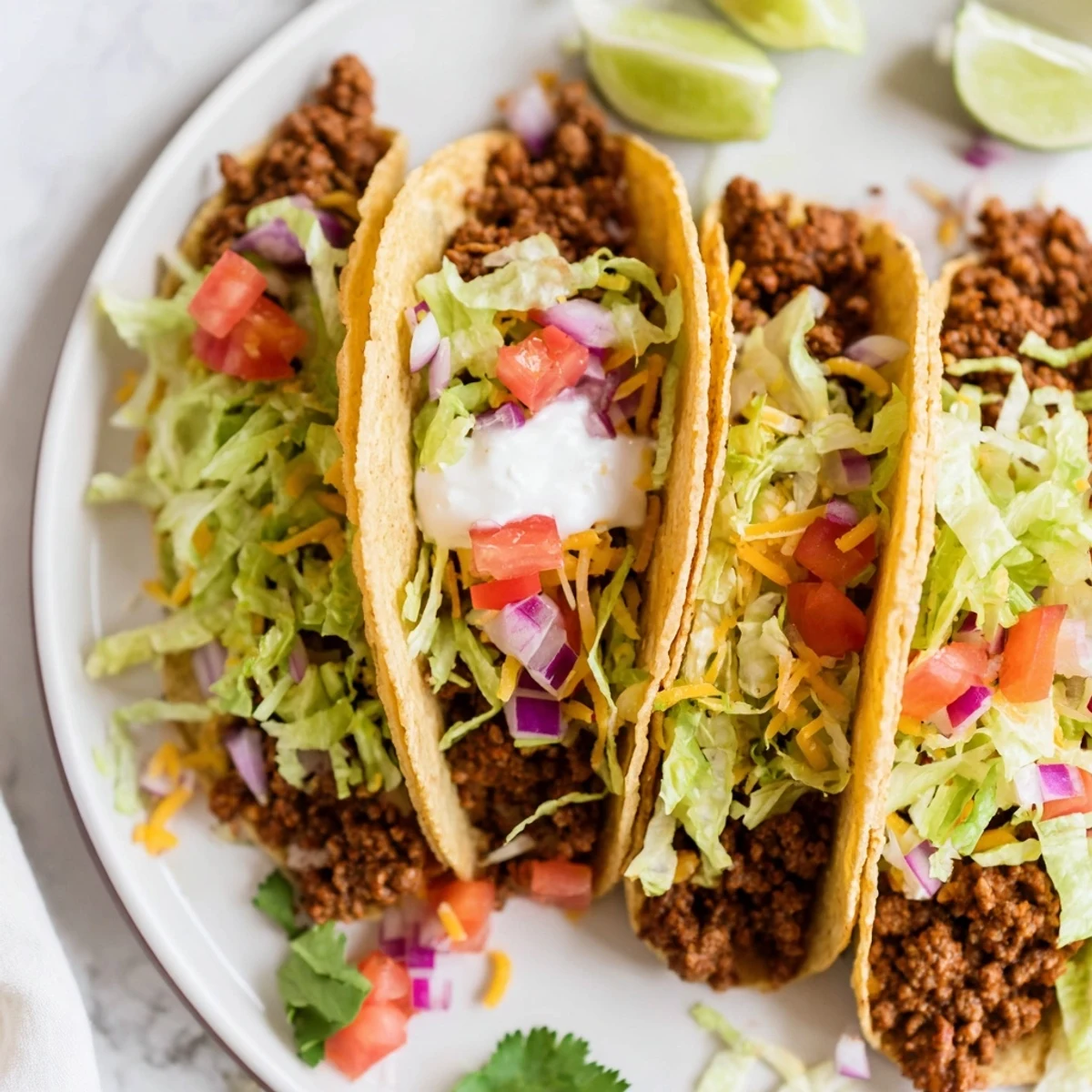Tender soft tortillas filled with seasoned ground beef, ready to be enjoyed as a classic, simple taco.
