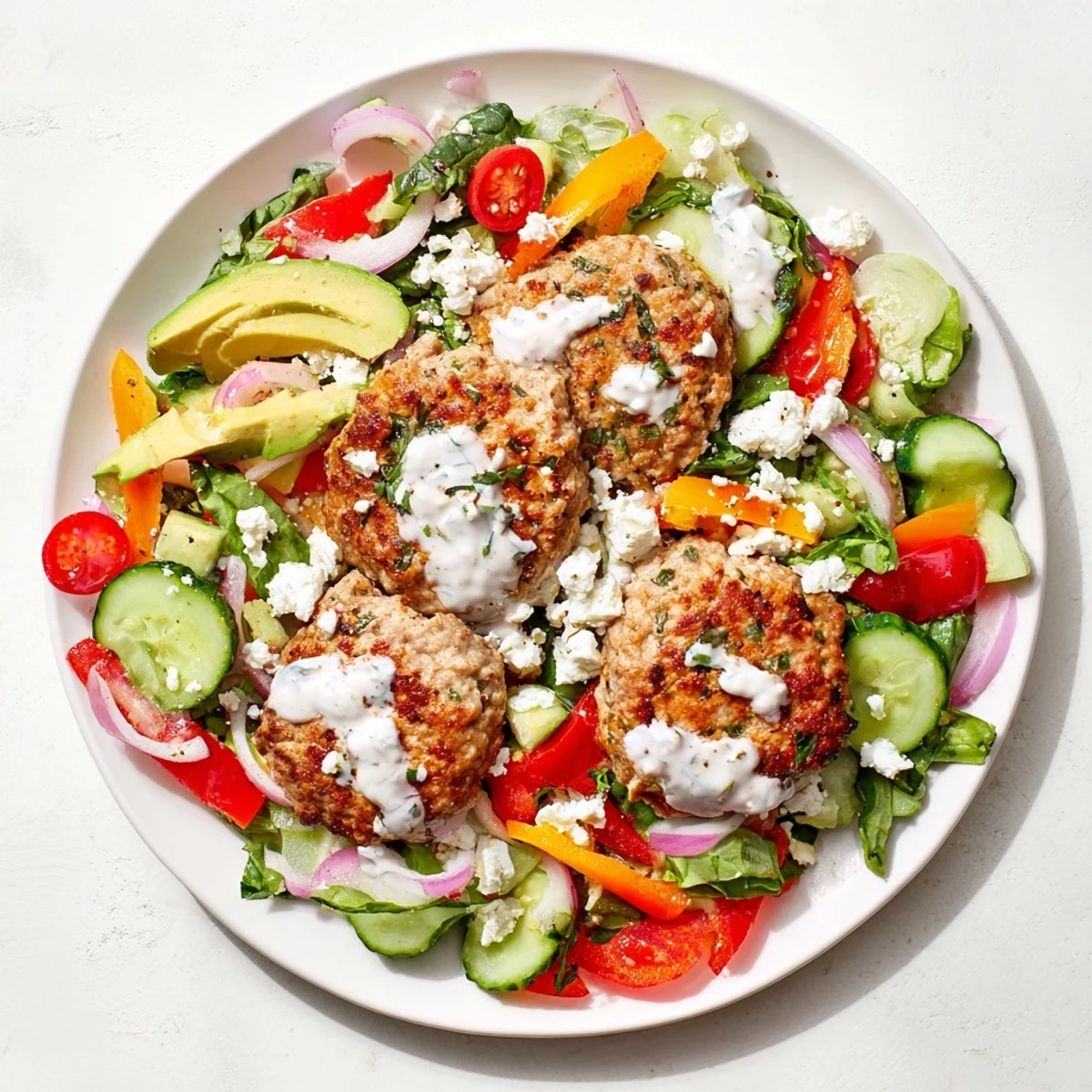 Turkey Burger Salad Bowl with sliced grilled turkey atop a colorful bed of fresh salad ingredients.