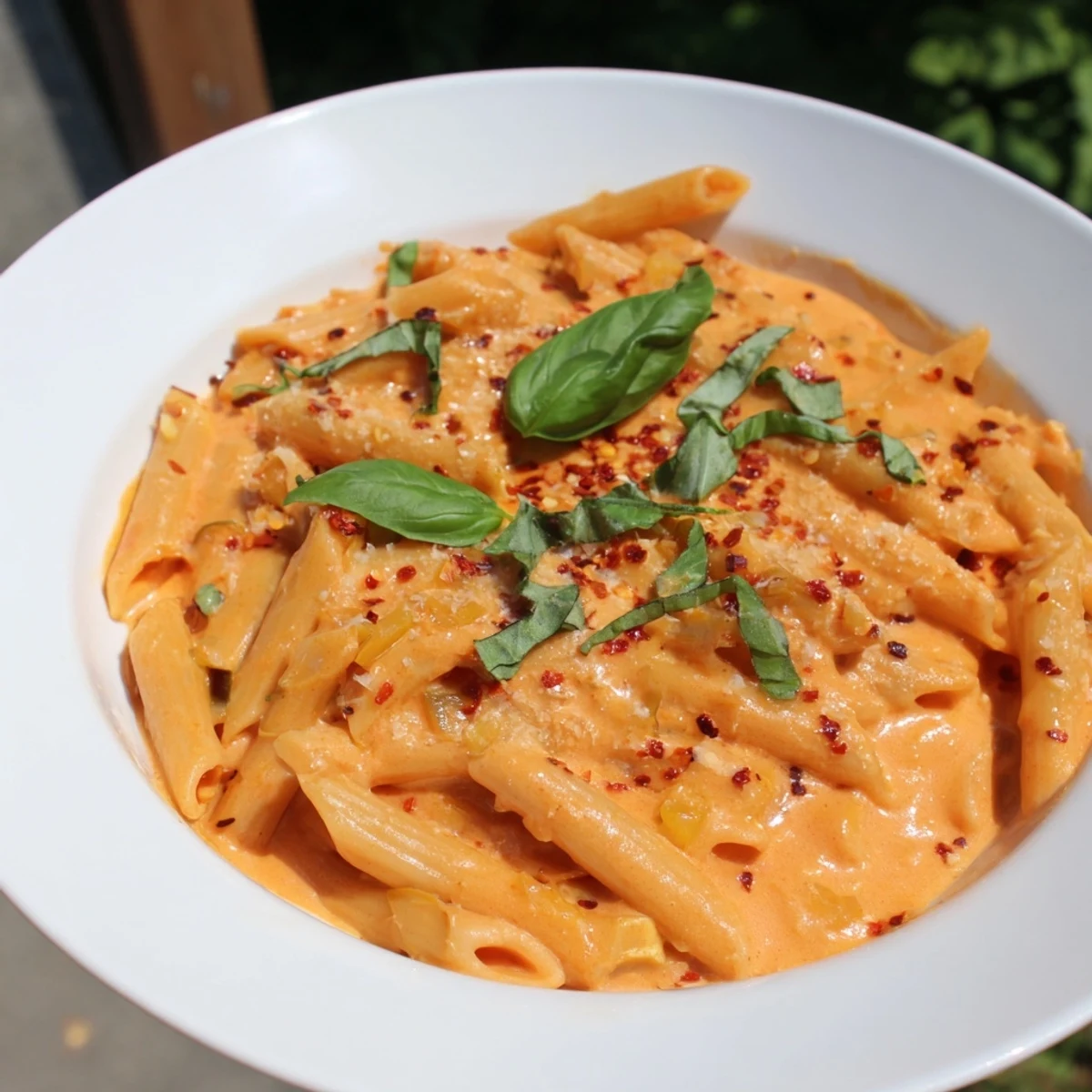 A bowl of creamy tomato basil pasta, garnished with fresh basil, ready to enjoy.