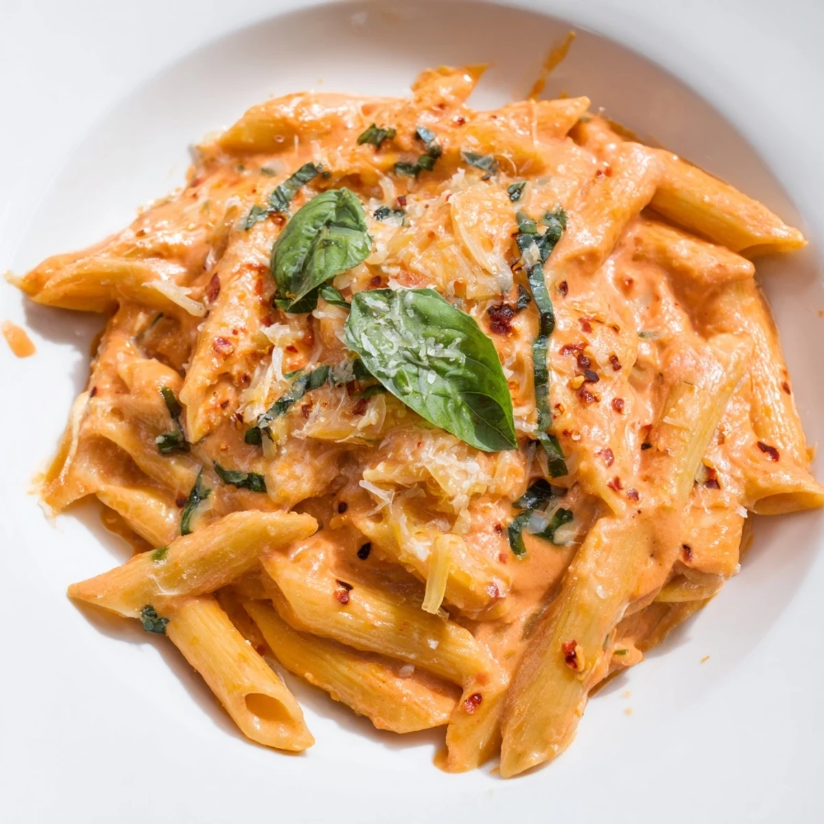 Delectable creamy tomato basil pasta with vibrant red sauce and a sprinkle of Parmesan cheese.