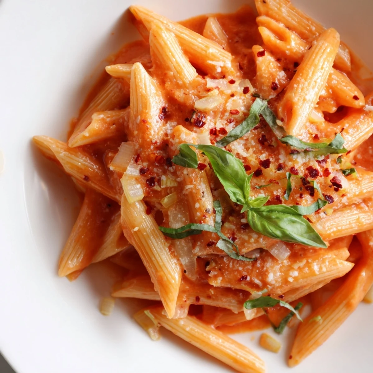 Close-up of steaming creamy tomato basil pasta, showcasing the rich, flavorful sauce and pasta.