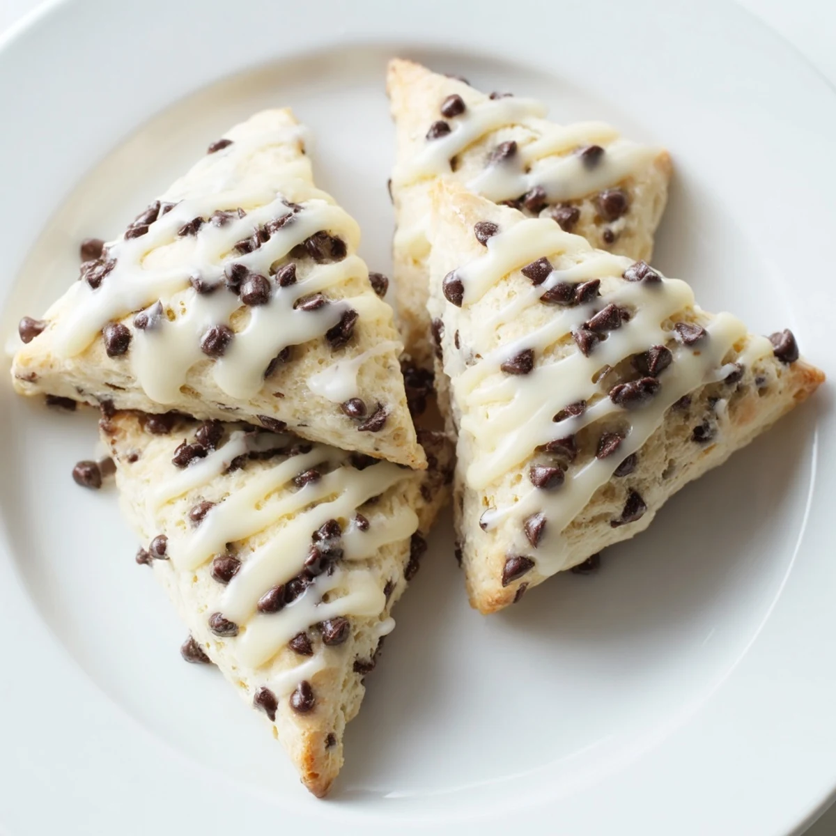 Freshly baked chocolate chip scones, perfect for breakfast, with melty chocolate and vanilla glaze.
