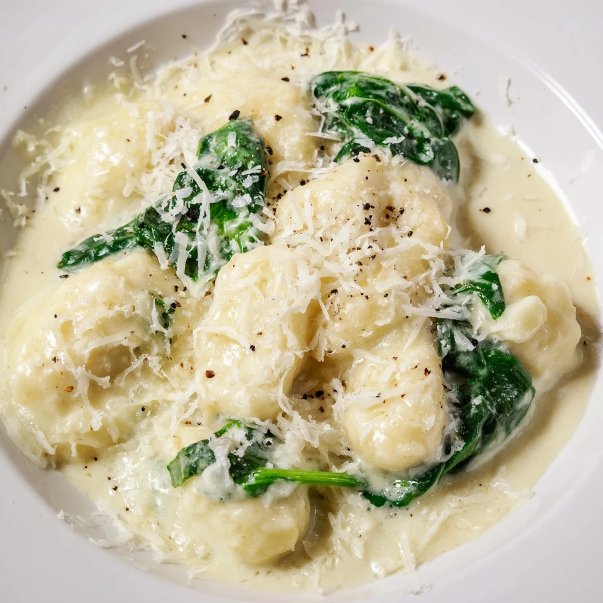 Creamy gnocchi with spinach, steaming hot on a white plate, ready to be enjoyed as a meal.