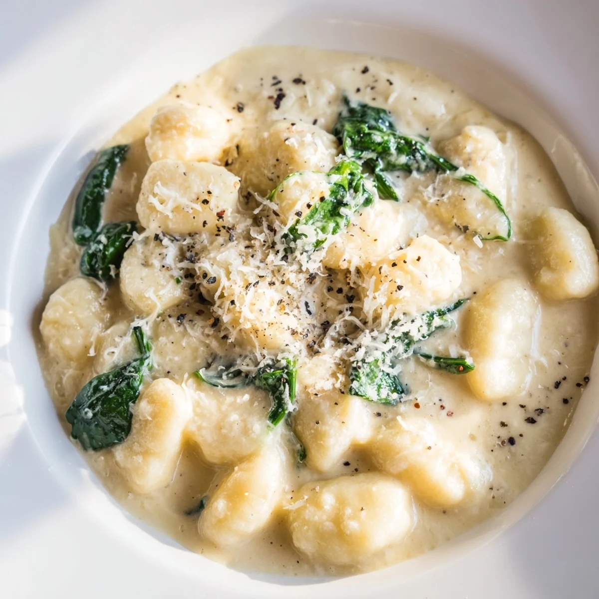This beautiful bowl of creamy gnocchi with spinach features a swirl of rich, comforting sauce.