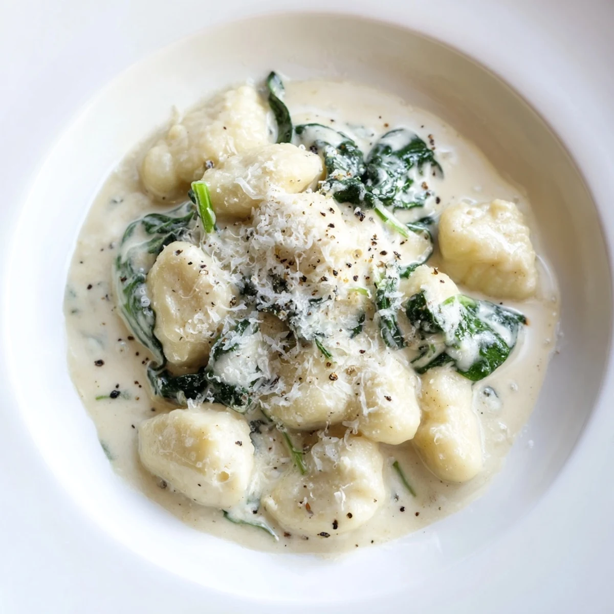 A flavorful close-up shows tender creamy gnocchi with spinach and grated Parmesan cheese.