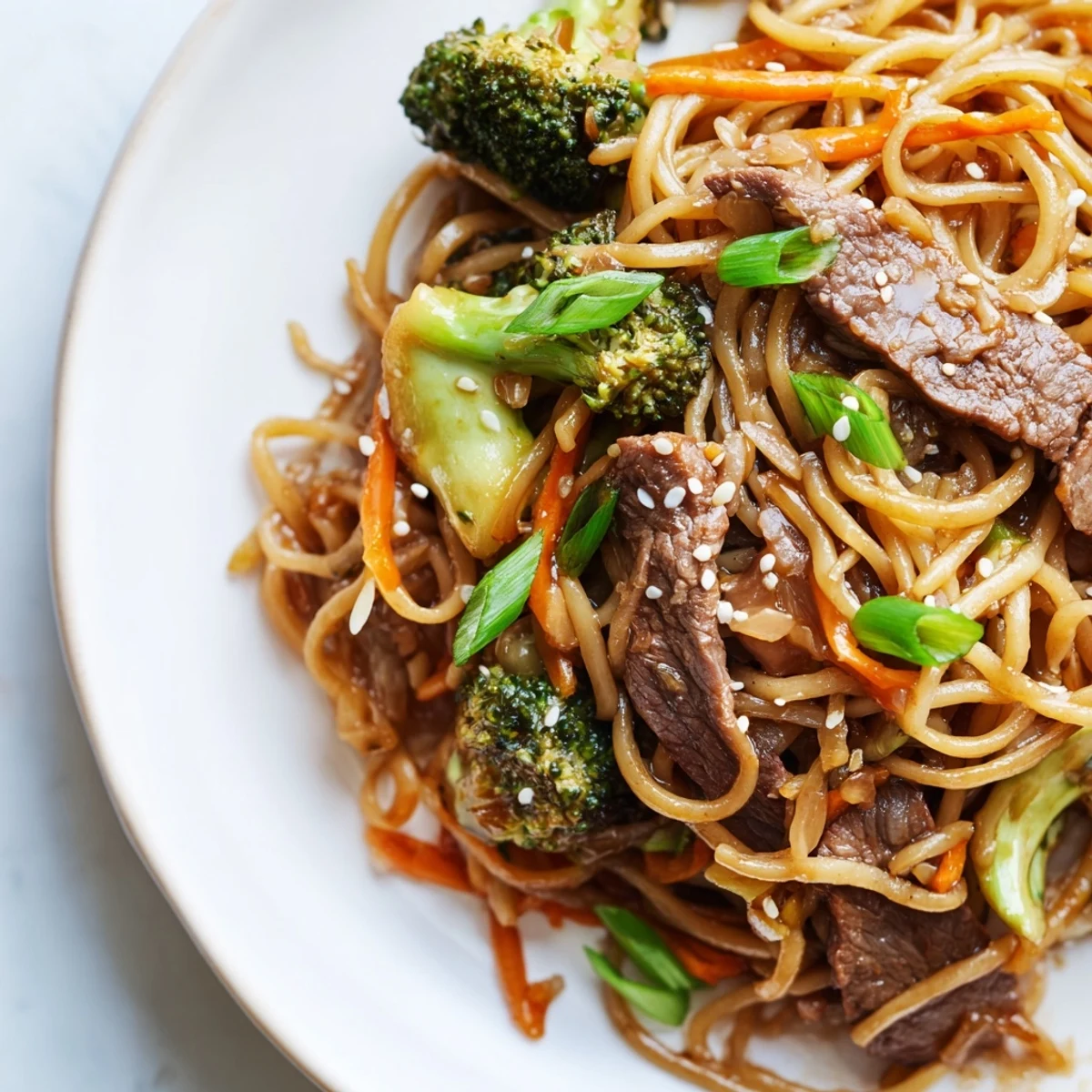 Close-up of glossy Beef and Broccoli Lo Mein with Sesame Oil garnished with green onions and sesame seeds.