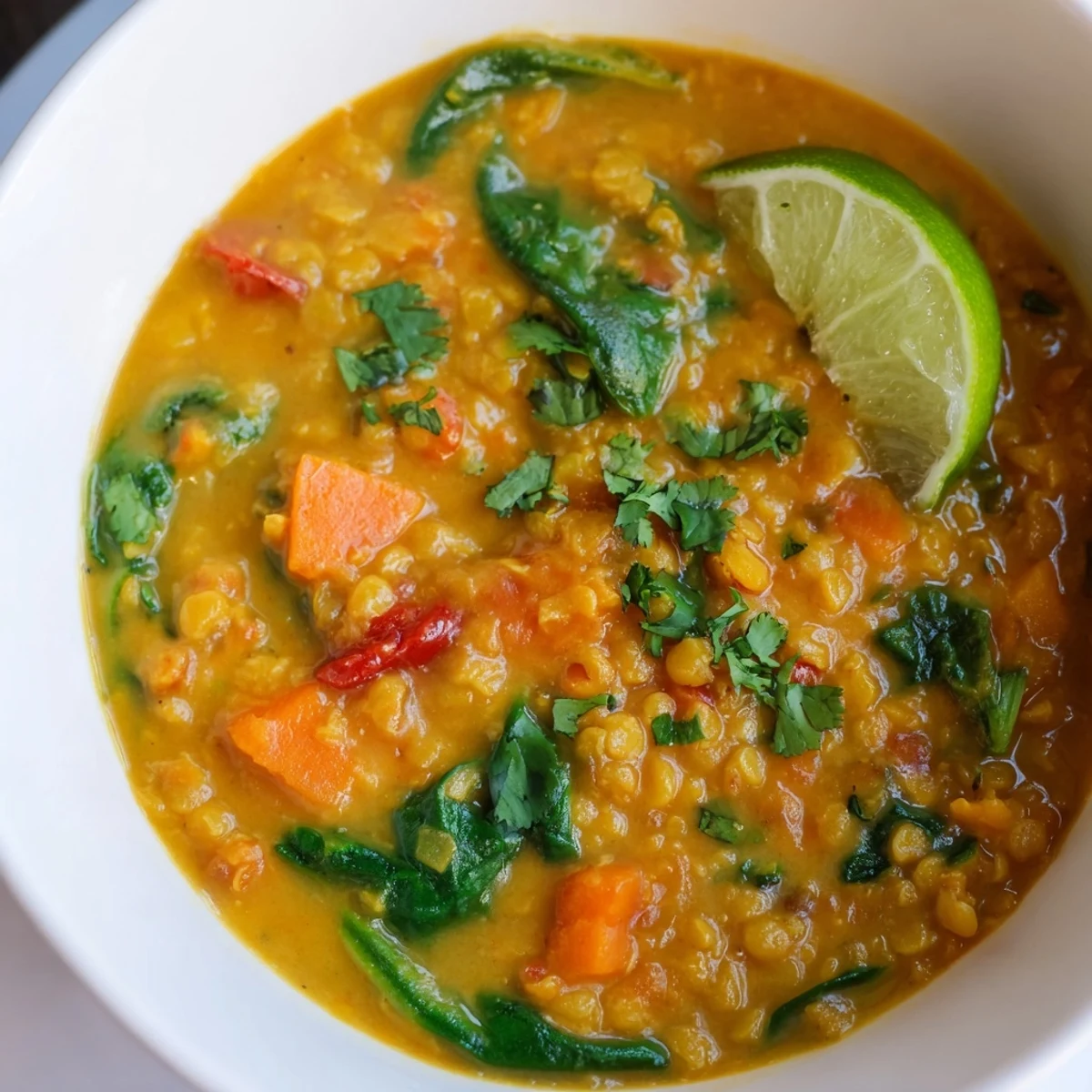 A bowl of creamy Coconut Curry Lentil Soup with Spinach, topped with cilantro and lime wedges.
