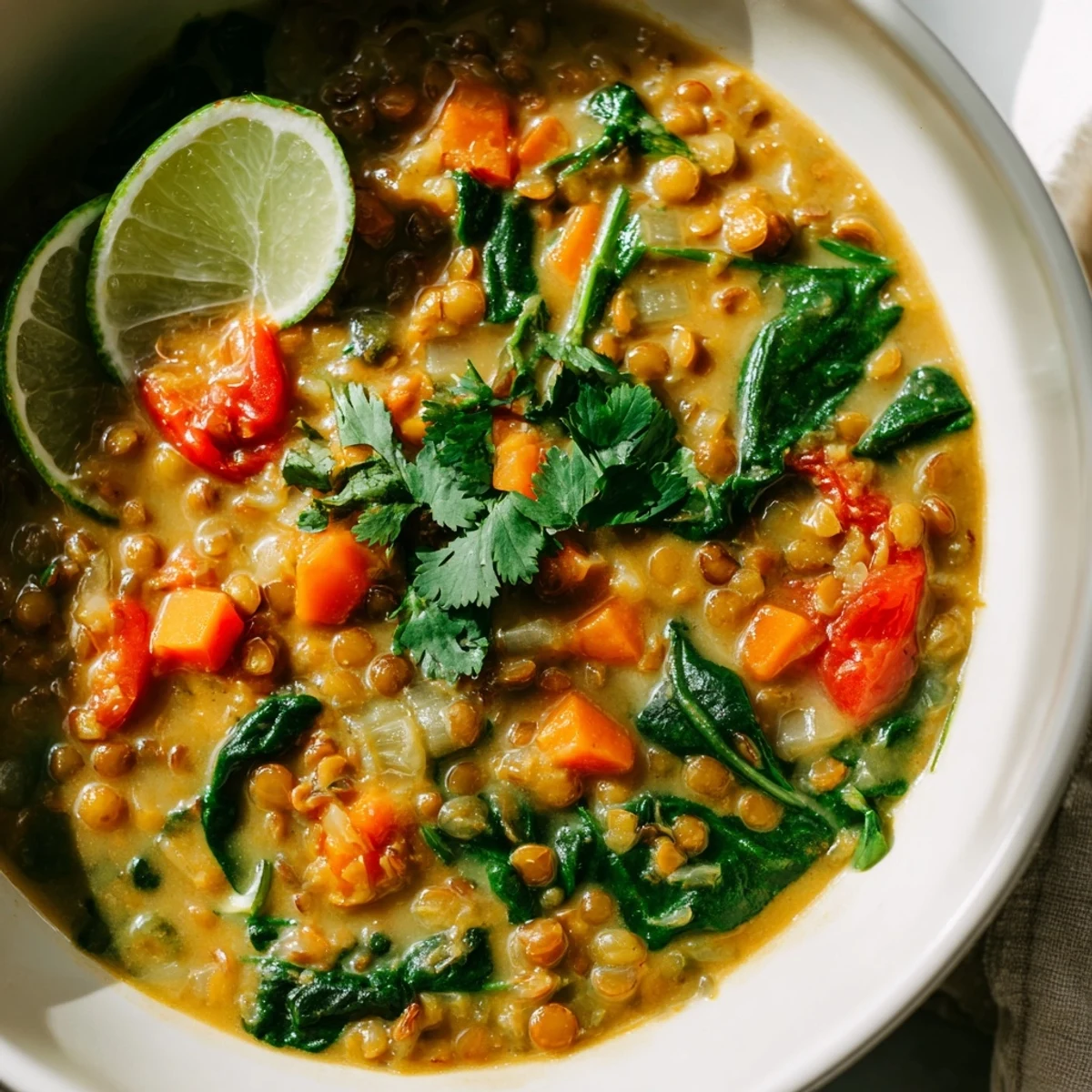 Vibrant pot of Coconut Curry Lentil Soup with Spinach simmering on the stove, full of spices.