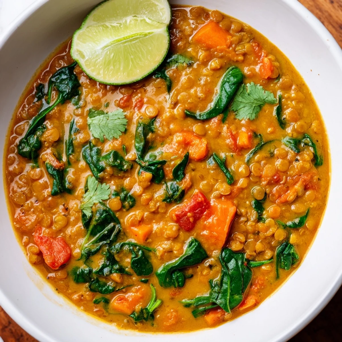 Serving of Coconut Curry Lentil Soup with Spinach, garnished with fresh herbs, paired with naan bread.