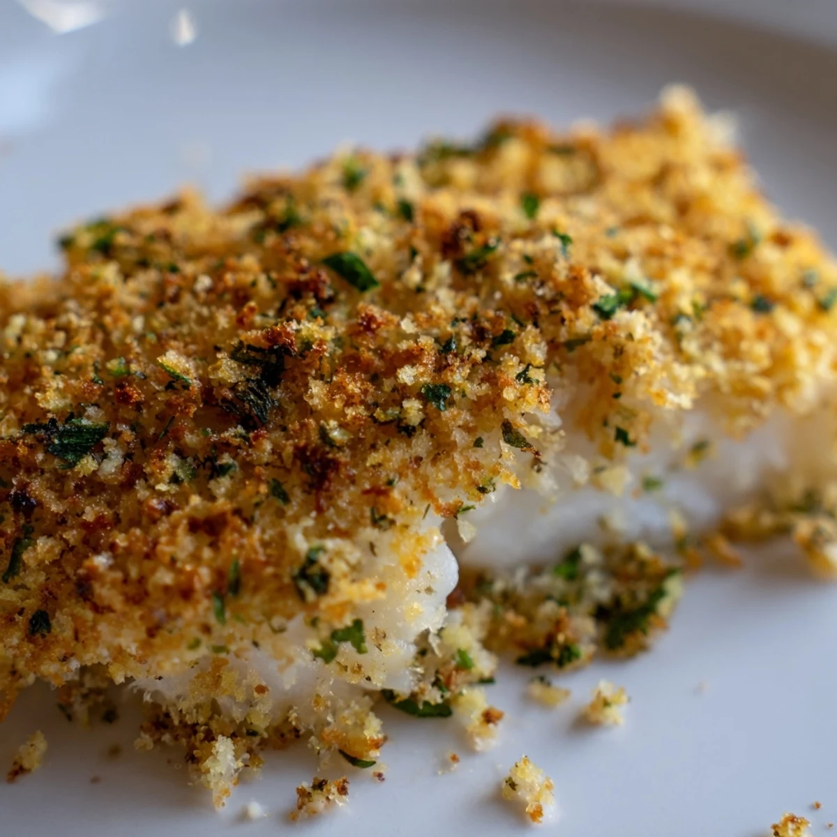 Golden-brown Baked Cod with Lemon Herb Panko Crumb topped with fresh herbs and lemon zest on a baking sheet.