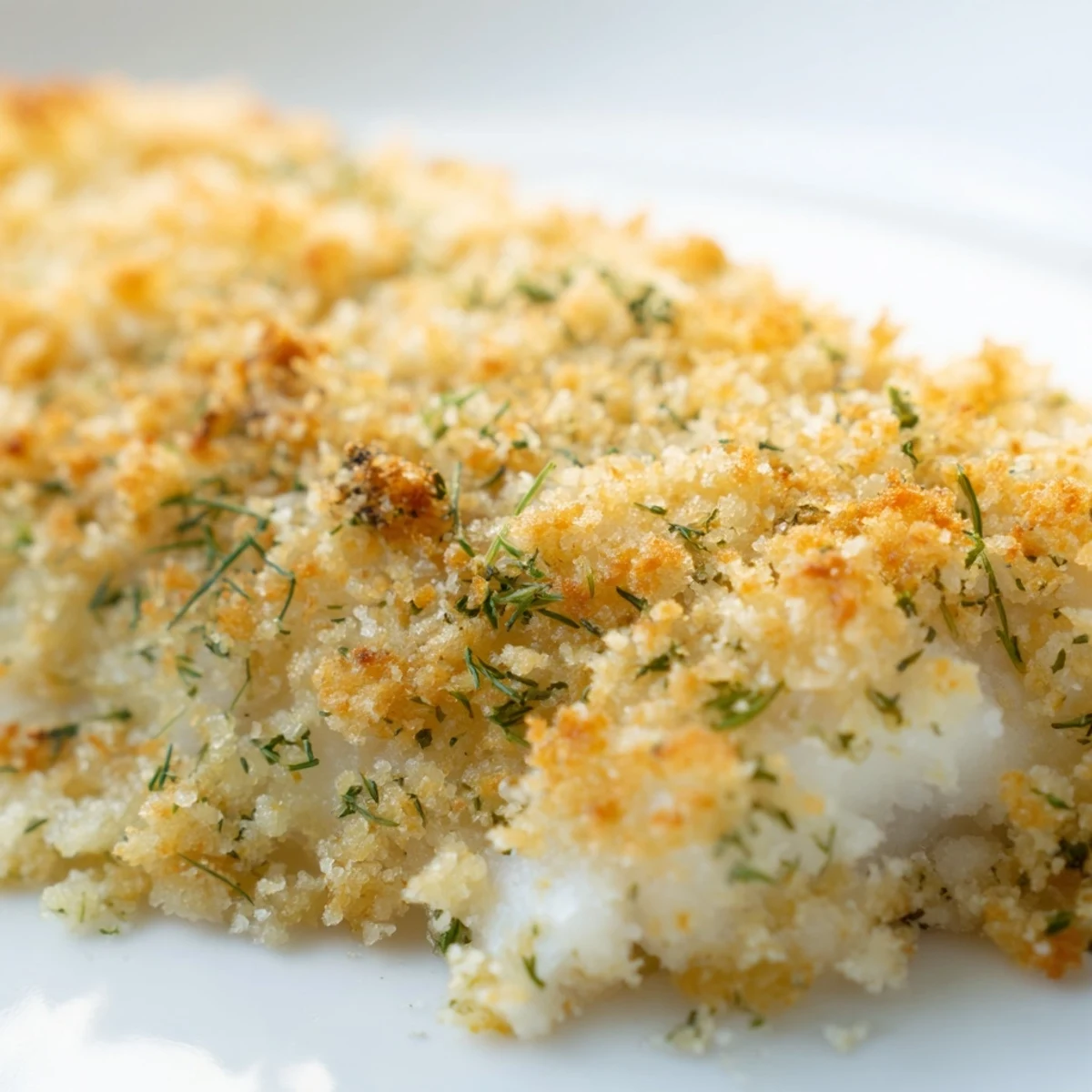 Flaky, tender Baked Cod with Lemon Herb Panko Crumb plated with a fresh salad and a drizzle of olive oil.