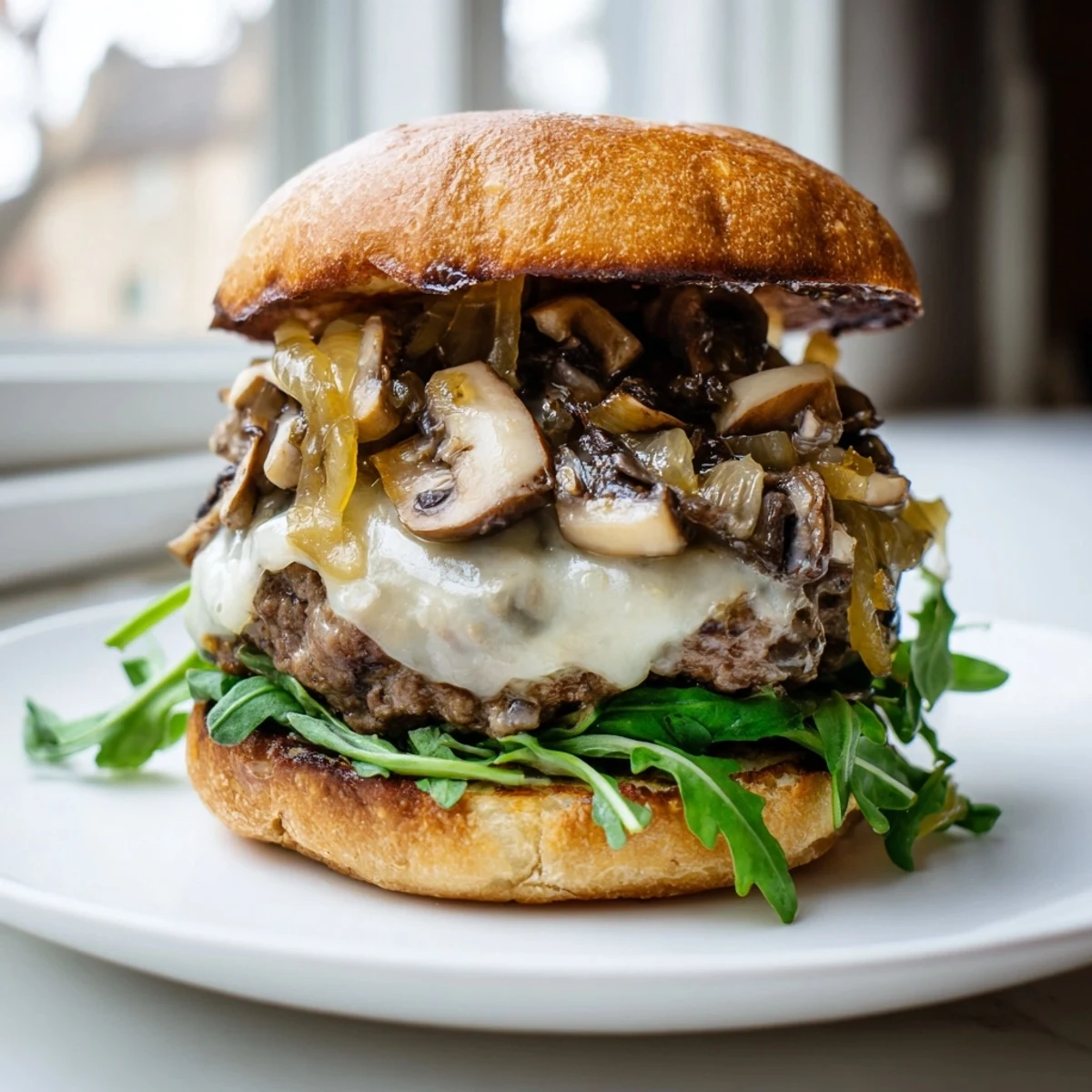 Golden-brown Mushroom and Swiss Burger with caramelized onions melting on a toasted bun, served with fries.