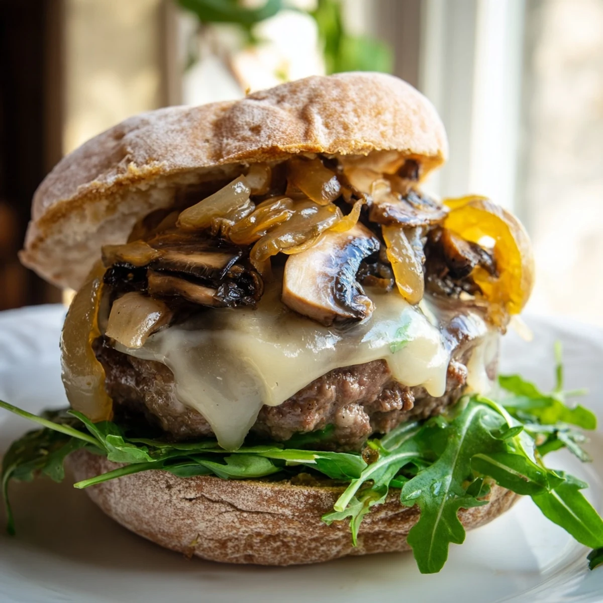 Close-up of a Mushroom and Swiss Burger, highlighting melted Swiss cheese and sweet, deeply browned onions.