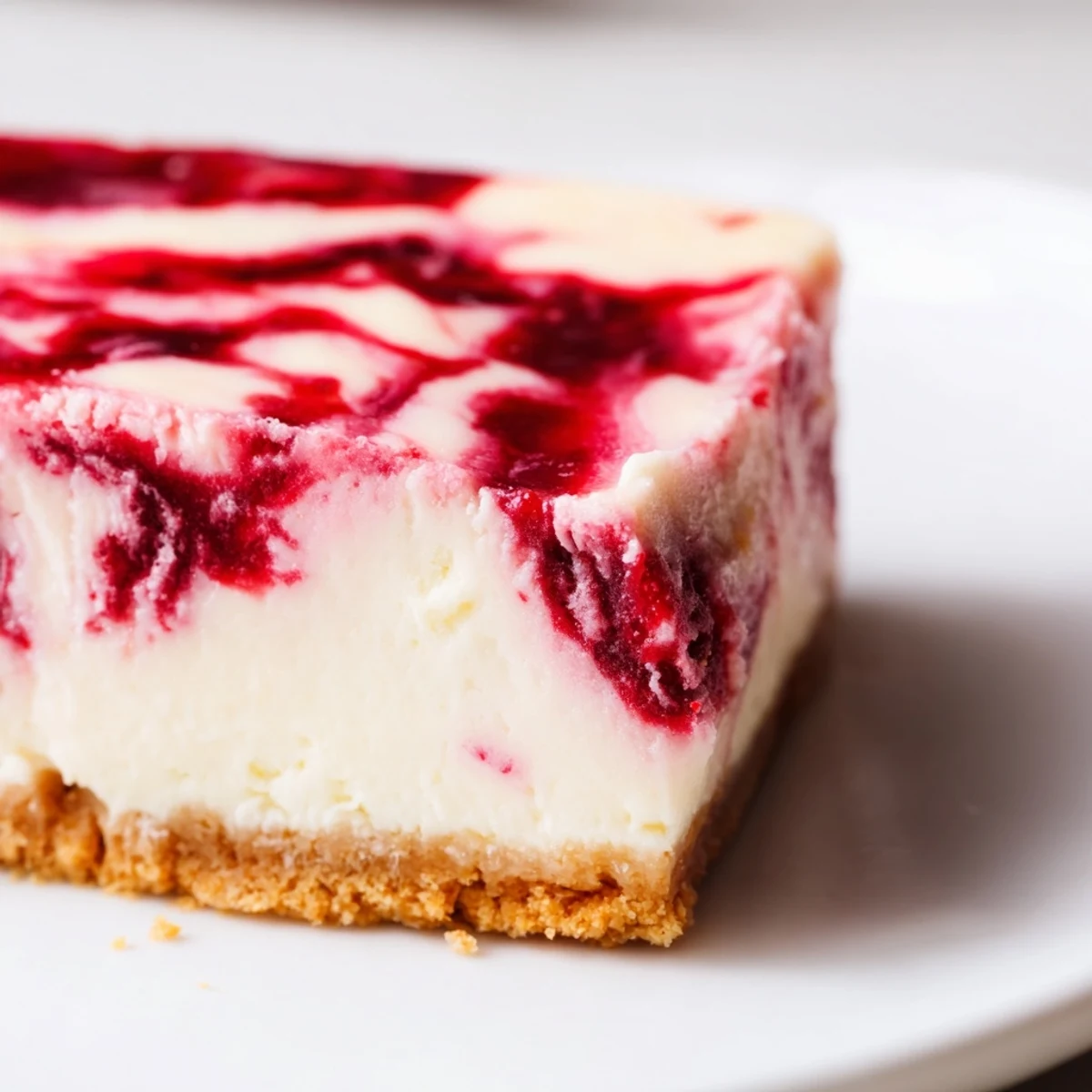 Close-up of Raspberry White Chocolate Cheesecake Bars with a creamy filling, vibrant red swirls, and a golden graham cracker crust.