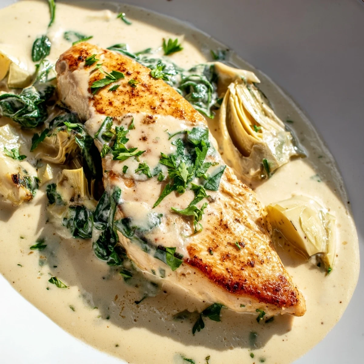Golden brown seared chicken breasts simmered in a creamy spinach and artichoke skillet.