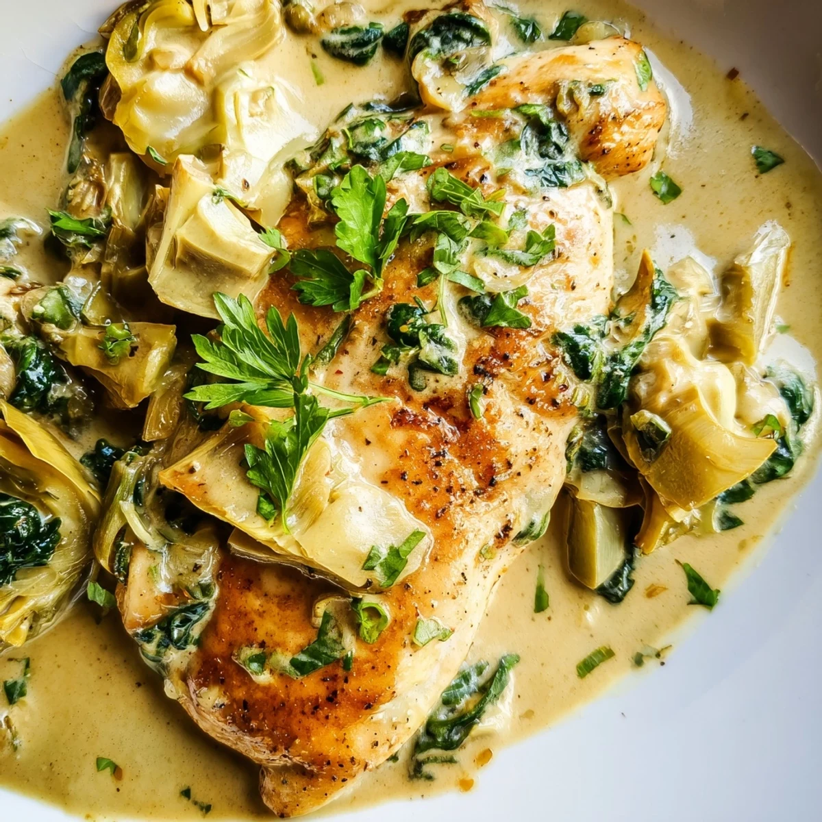 Homemade creamy spinach and artichoke chicken skillet garnished with fresh parsley for dinner.