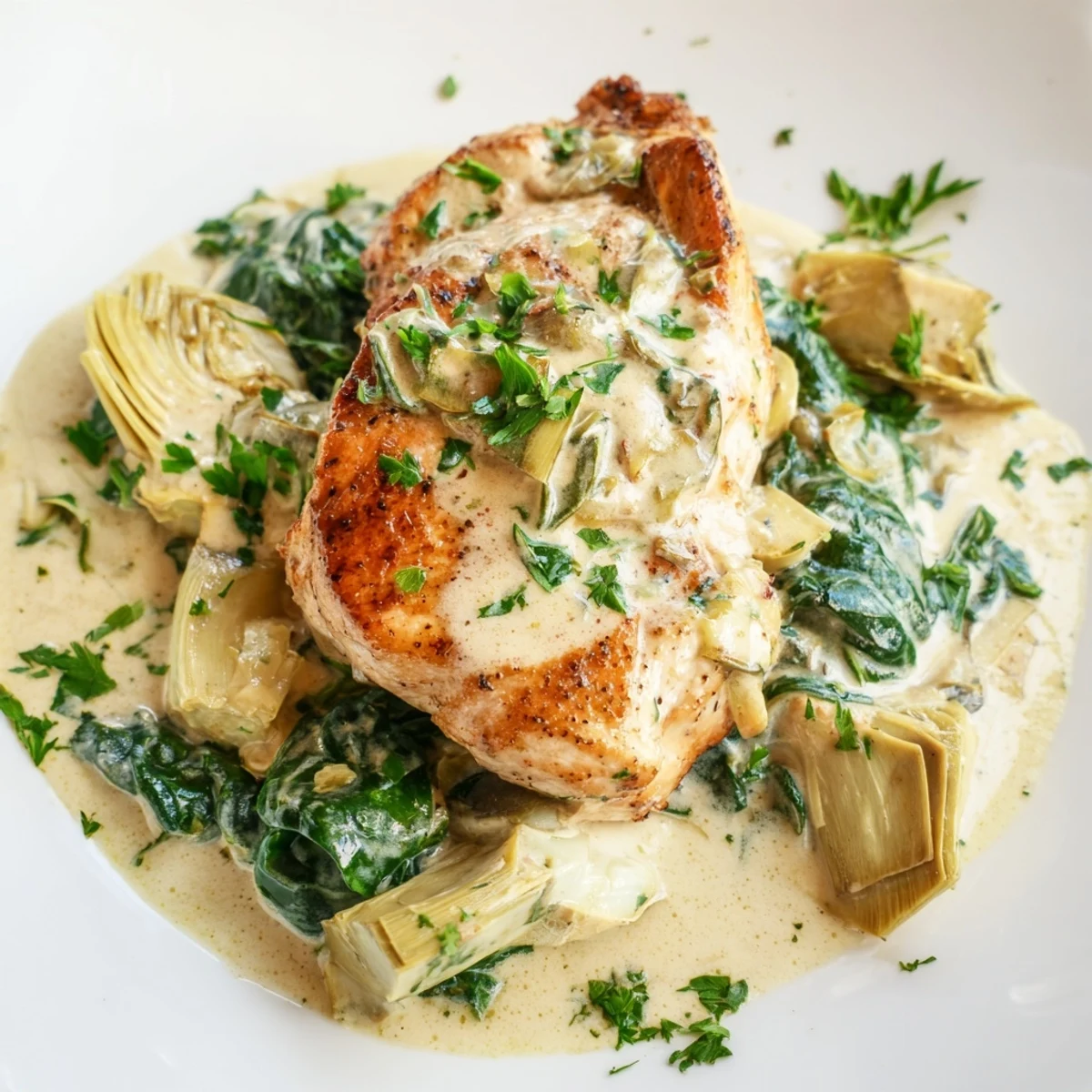 Tender chicken and green spinach in a rich, cheesy artichoke sauce served hot.