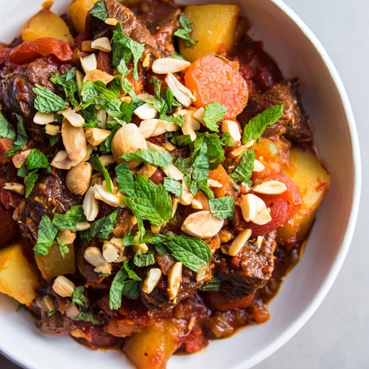 Tender, slow-cooked lamb and sweet apricots in a warm, spiced Moroccan tagine, garnished with fresh mint and crunchy almonds.