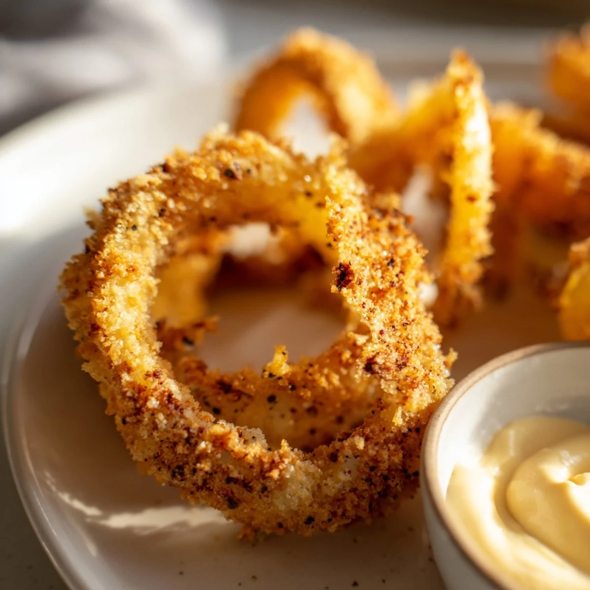 Golden Crispy Air Fryer Onion Rings stacked high, drizzled with homemade pink Burger Sauce for dipping.