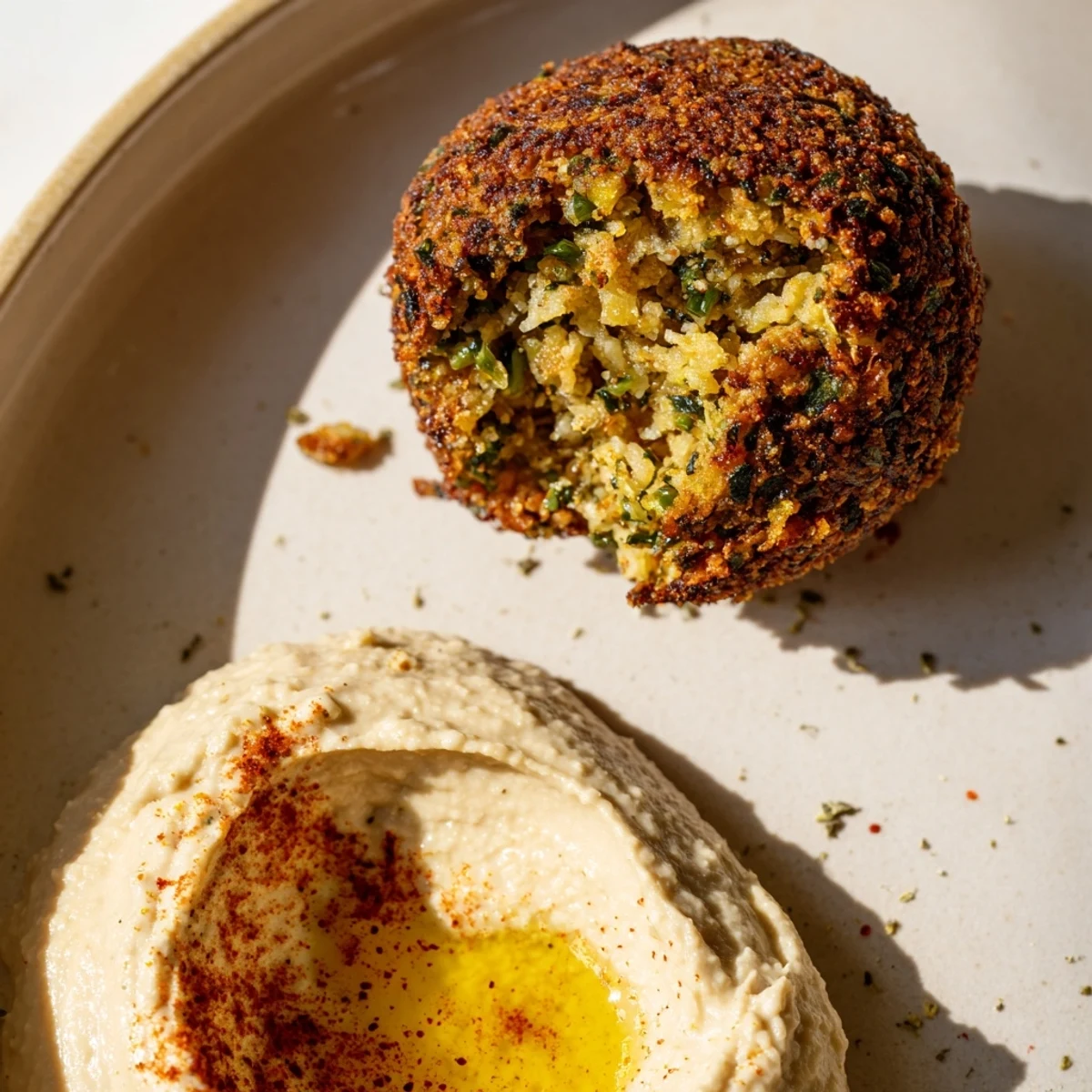 Walnut-sized fried falafel balls resting on a creamy hummus swirl, next to sliced cucumbers and tomatoes.