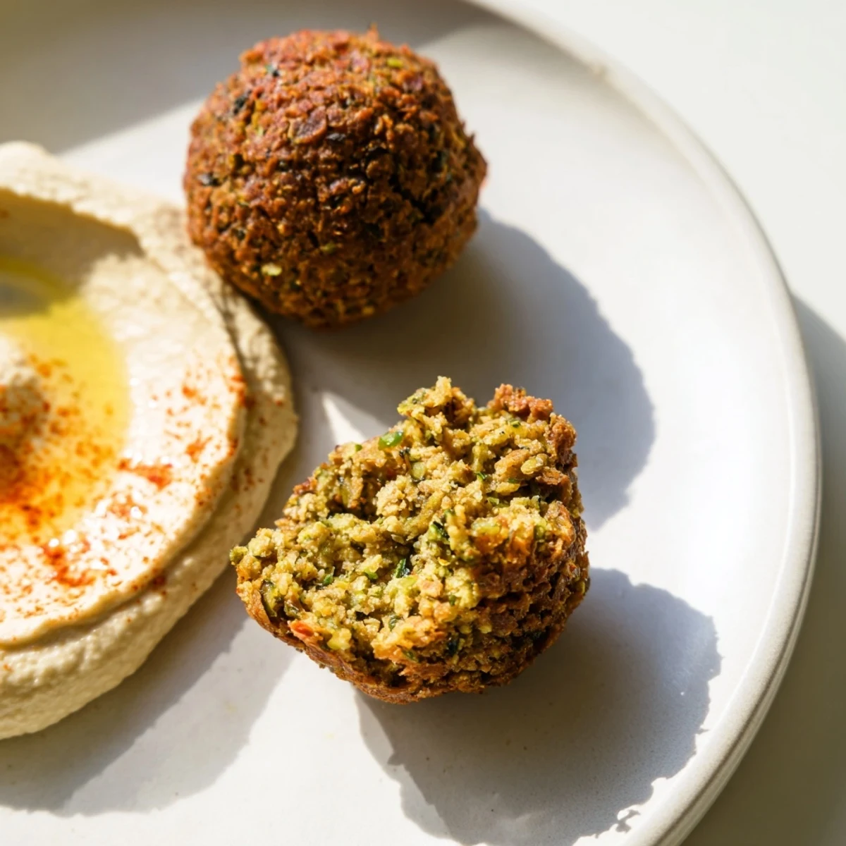 Golden, crispy herb falafel with hummus, garnished with fresh parsley and olive oil, served with pita.