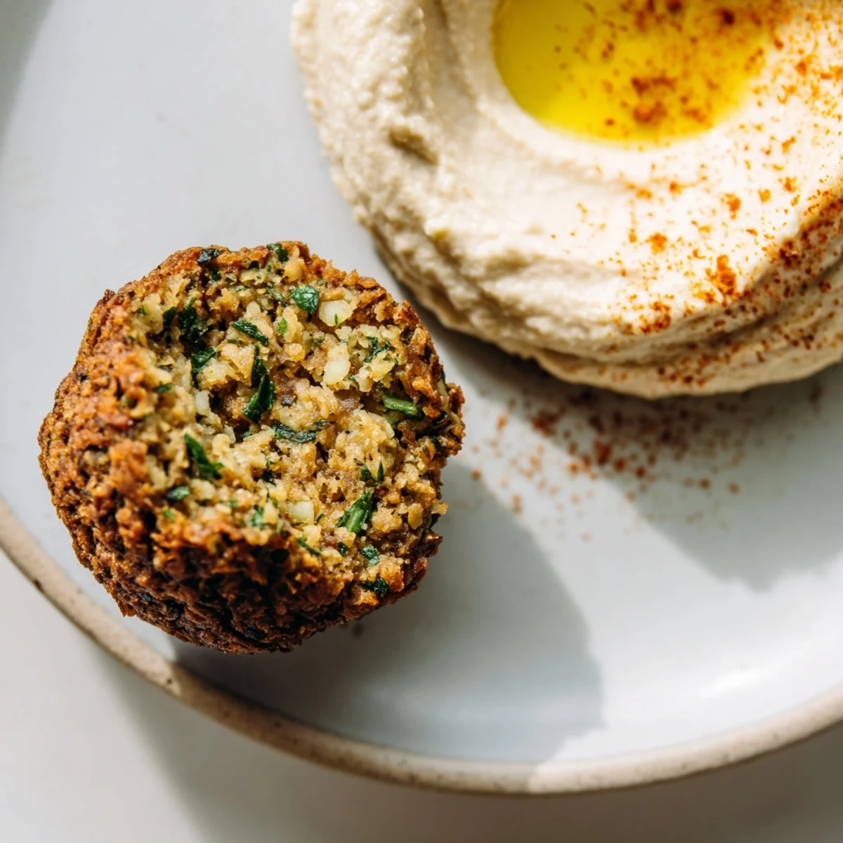 Freshly prepared crispy herb falafel with hummus on a rustic platter, ready for a vegan appetizer spread.