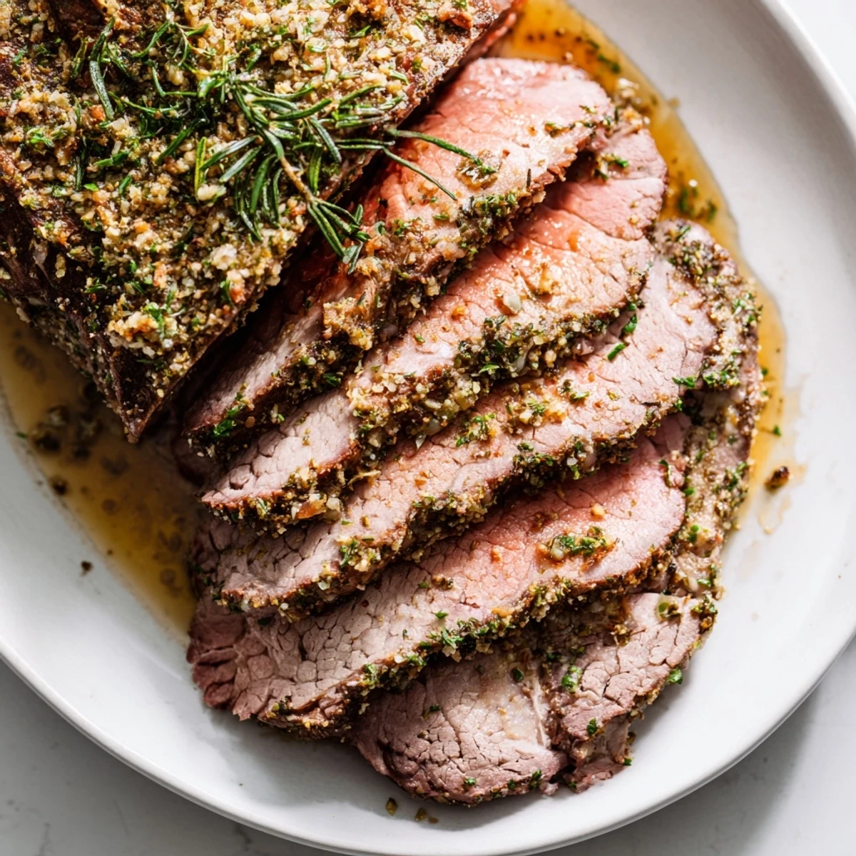 Slices of Herb Crusted Roast Beef Topside reveal a juicy, pink interior, served on a platter with roasted vegetables and pan gravy.